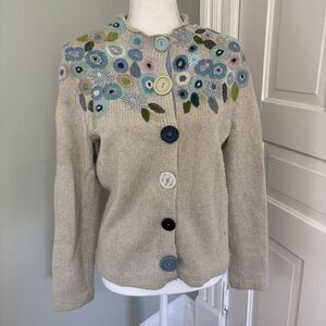 Sigrid Olsen Gray Floral Embroidered Button Silk Angora Sweater Cardigan Medium